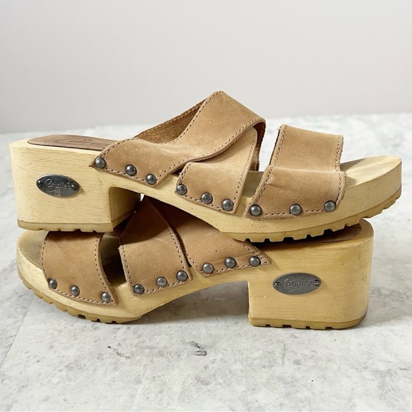 Vintage 90s y2k Candies Wooden Leather Wooden Platform Clog Sandals 7.5 Hippie - Picture 1 of 8